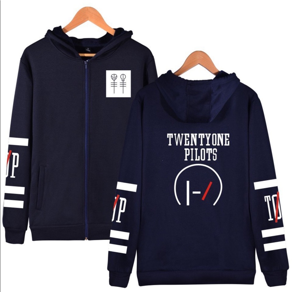 Twenty One Pilots Graphic Sweatshirt Full Zip Up Casual Hoodie Unisex Dark Blue